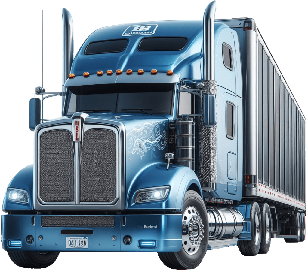 Blue semi-truck with large attached trailer