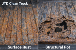 A close-up comparison of surface rust versus structural rot on a truck bed floor.