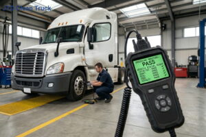 Mechanic performing emissions test on semi-truck.