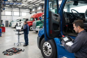 Mechanics performing diagnostic tests on semi-trucks.
