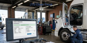 Mechanic performing diagnostic tests on white truck.
